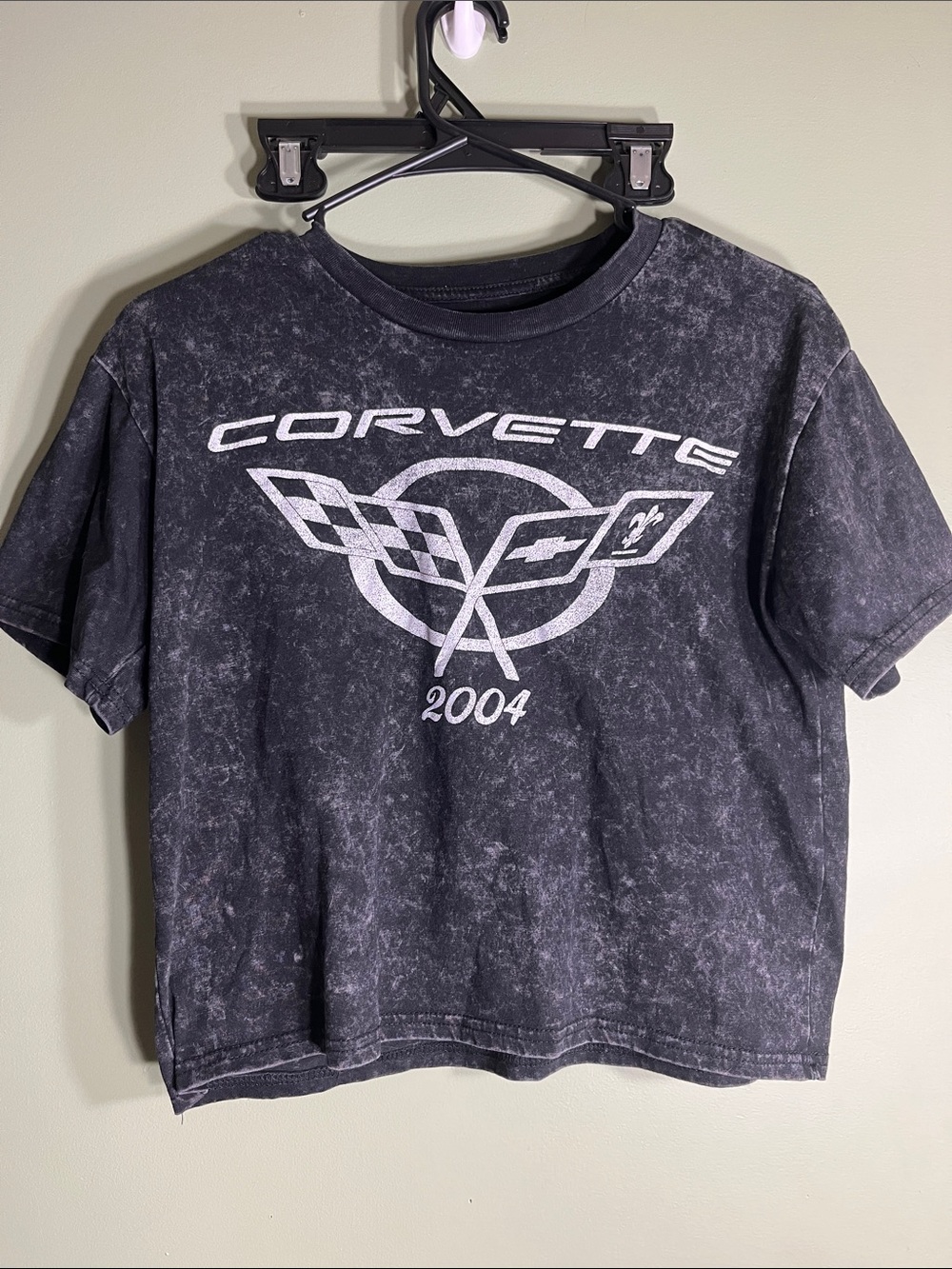 Chemistry Black Mineral-Wash Crop Top with White Corvette Graphic